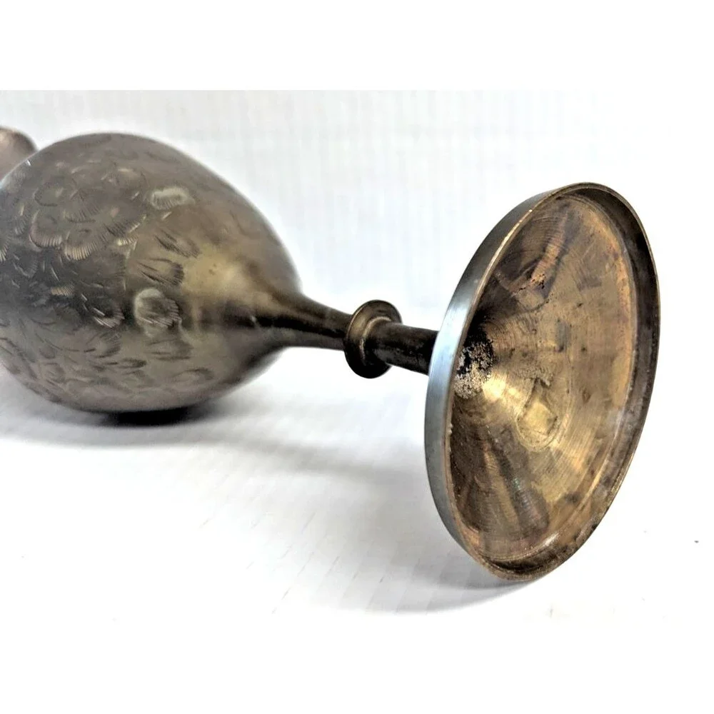 Brass Ruffle Top Bud Vase 11-in Etched Design Vintage 1950s India Bohemian Gift